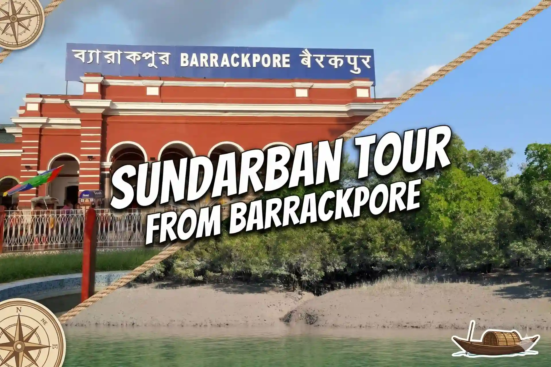 Creative collage of Barrackpore town and Sundarban mangrove forest river representing Sundarban tour from Barrackpore