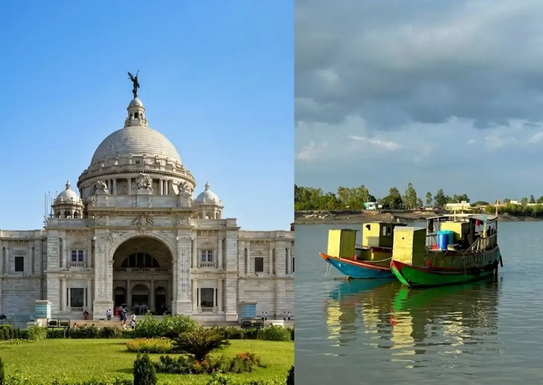 Victoria Memorial Hall and Sundarban boat river collage representing Sundarban tour package from Kolkata